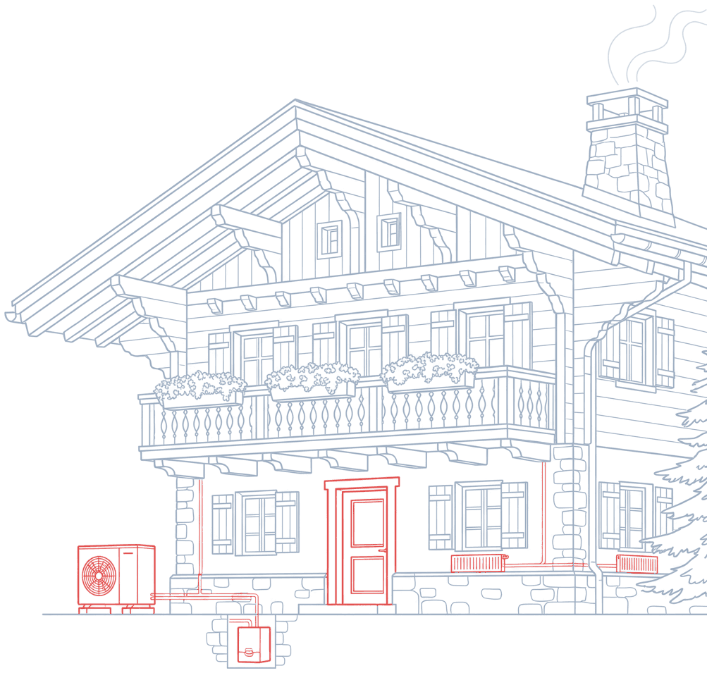 Technische Zeichnung eines Schweizer Chalets mit rot markierter Gebäudetechnik: Wärmepumpe, Heizkörper und Leitungen
